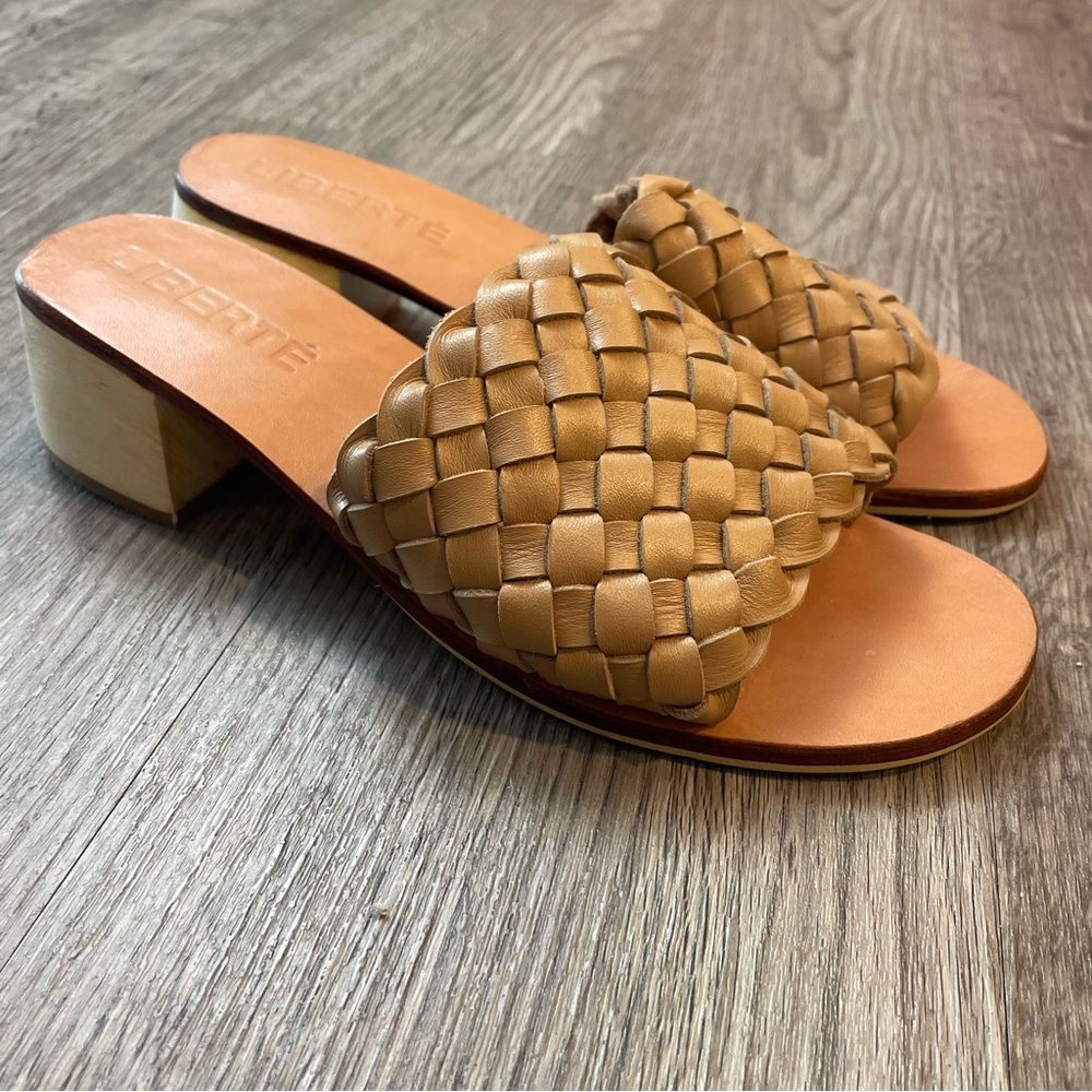 LIBERTÉ Santorini Woven Mule Cream Leather Slip On Heeled Sandal